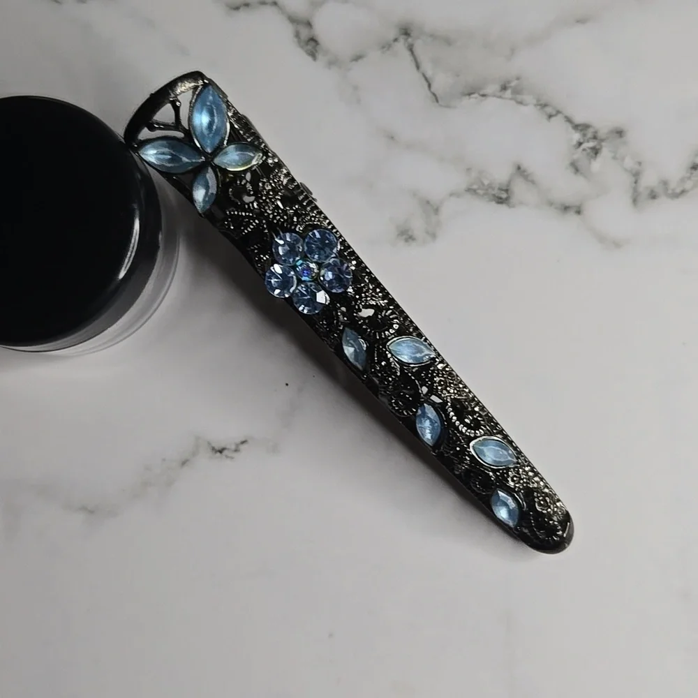 Dark Silver Duck Billed Metal with Blue Rhinestones Hair Clip.